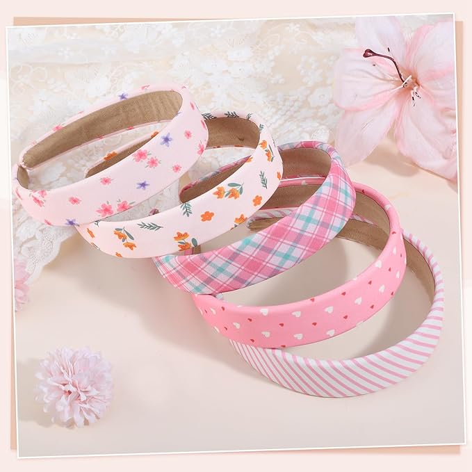 obeoby Pink Stripe Headbands for Girls Gift, 1 inch Wide Trendy Headband Non Slip for Everyday Styling Casual Outings(5Pcs)
