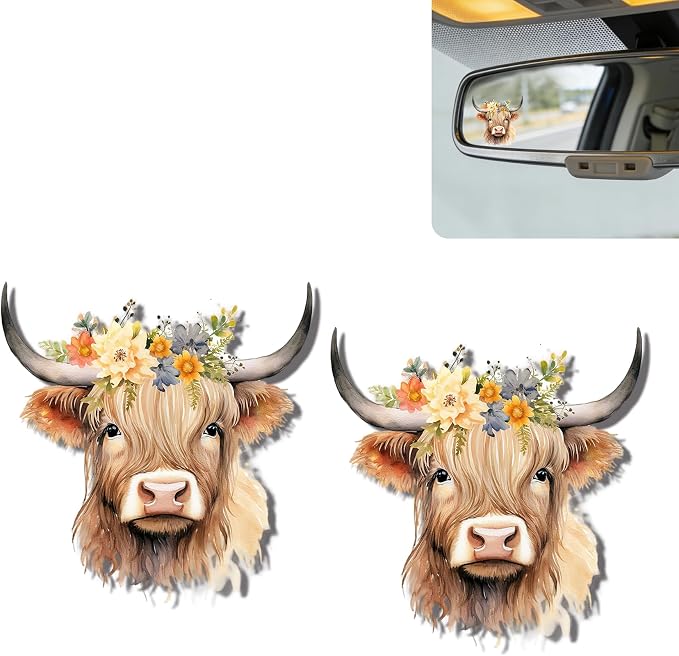 2Pcs Highland Cow Flower Rearview Mirror Sticker Waterproof Vinyl Decal | Highland Cow Car Accessories, Cute "Moo-tivational" Auto Decals Decor, Cows Lovers Gifts for Women Men