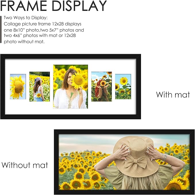 12x28 Collage Picture Frames Display One 8x10 Inch and Two 5x7 and Two 4x6 Photos Collage Wall Decor Wall Hanging or Tabletop Black