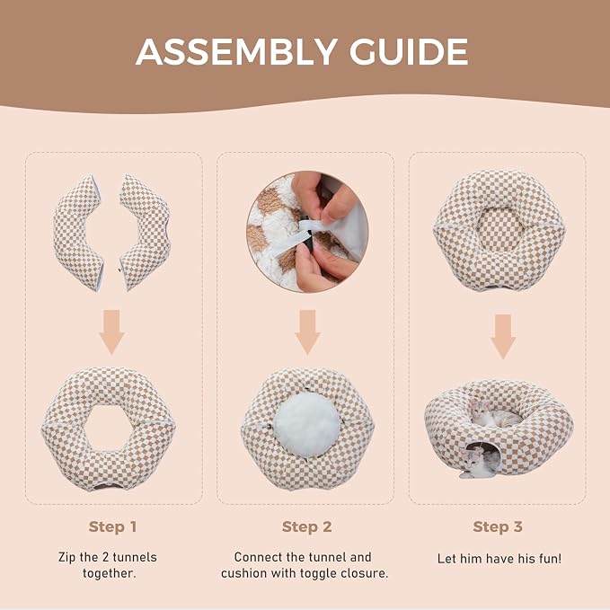 PEQULTI Brown Donut Cat Tunnel Bed Washable Plush Mat Multi for Small Pets | Round play tube with soft detachable plush mat, multi-pet toy fit indoor cats, kittens, puppies, rabbits and ferrets