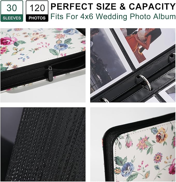 Photo Album 4x6 Pictures,120 Pockets Binder Premium Vegan Leather Cover for Family Wedding Anniversary Baby Kids Vacation. (Abstract Rose)