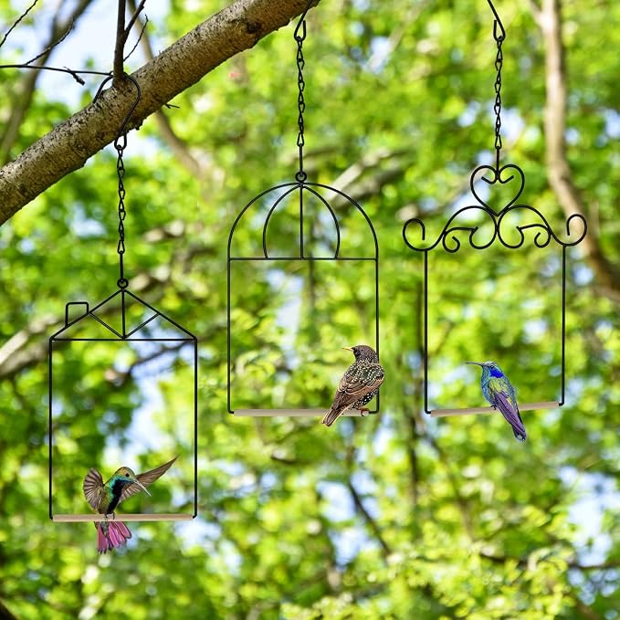 Metal Frame Hummingbird Swings and Perches with Wooden Dowel Black Bird Swing Outdoor Bird Perch Humming Bird Swing (3PK Different)