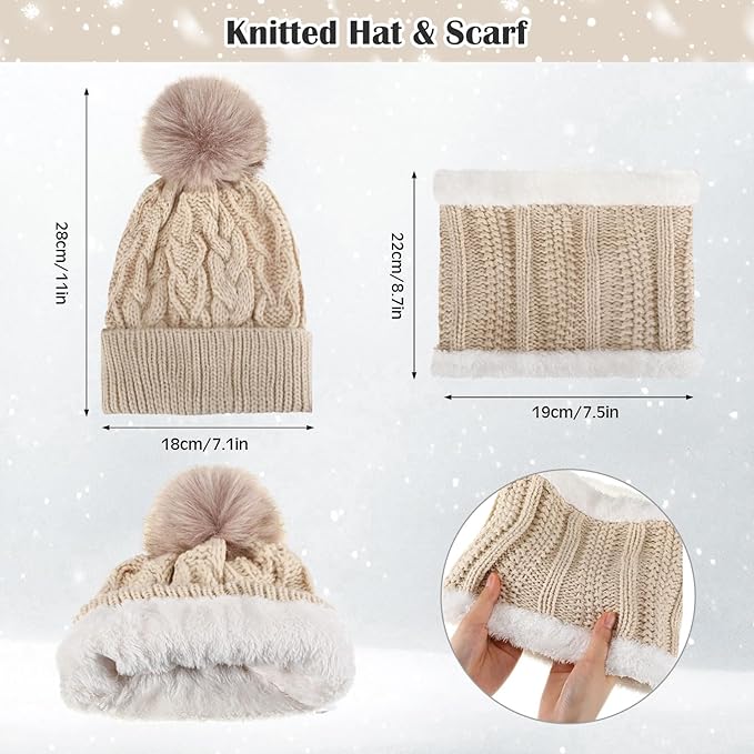SATINIOR 5 Pcs Winter Hat Scarf Gloves Set Fleece Warm Lined Knit Beanie Hat Touch Screen Earmuff Gloves Warmer for Women(Beige,Vivid Style)