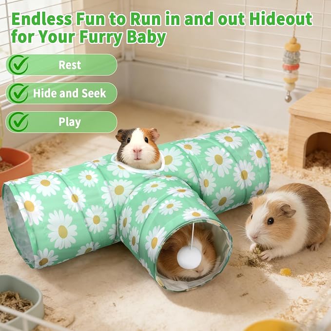 Rypet Guinea Pig Tunnel Hideout 3-Way Collapsible Small Pet Tubes, Daisy | 3 Way Design for Exploration, Collapsible for Easy Storage, Built-in Play Ball, Hiding & Resting for Hamsters Ferrets