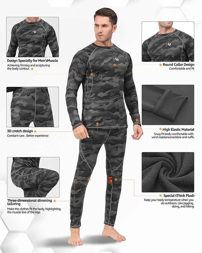 UNIQUEBELLA Men's Thermal Underwear Sets Top & Long Johns Fleece Sweat Quick Drying Thermo Base Layer