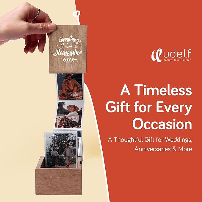 udelf Personalized Wooden Photo Keepsake with Accordion Pull-Out | Custom Birthday, Wedding, or Anniversary Memory Holder | Holds 14 Photos 3"x2" (Memories-Vertical)
