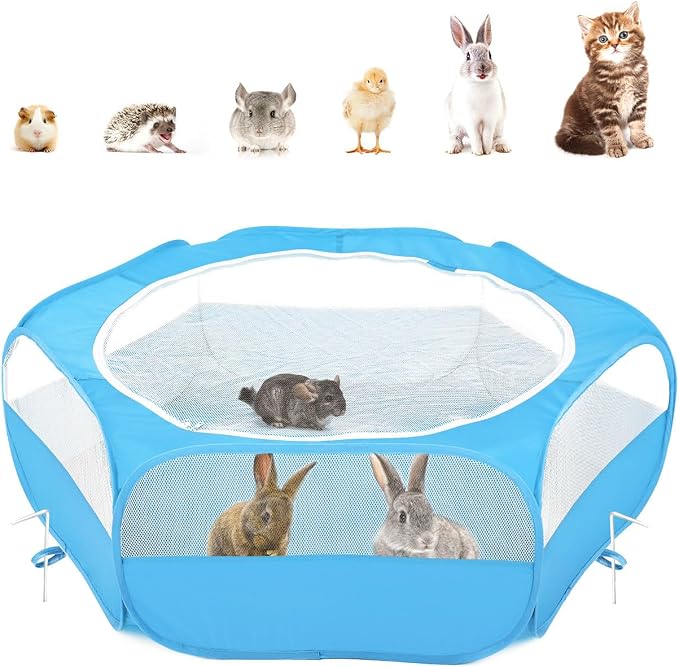 Pawaboo Small Animal Playpen with Zippered Cover,Light Blue | Portable pop-up pet tent for supervised rabbits, guinea pigs, chicks and kittens; water-resistant bottom and 3 metal rods