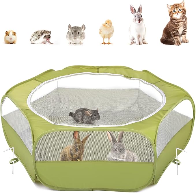 Pawaboo Small Animal Playpen with Zippered Cover,Green | Portable pop-up pet tent for supervised rabbits, guinea pigs, chicks and kittens; water-resistant bottom and 3 metal rods