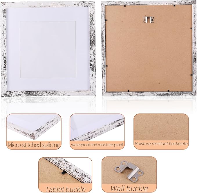 3 Pcs 8x8 Rustic White Wood Picture Frame - Display Pictures 5x5 with Mat or 8 x 8 without - Distressed White Wooden Photo Frames for Wall Mounting or Table 8 8 Matted to 5x5 Farmhouse Set of 3