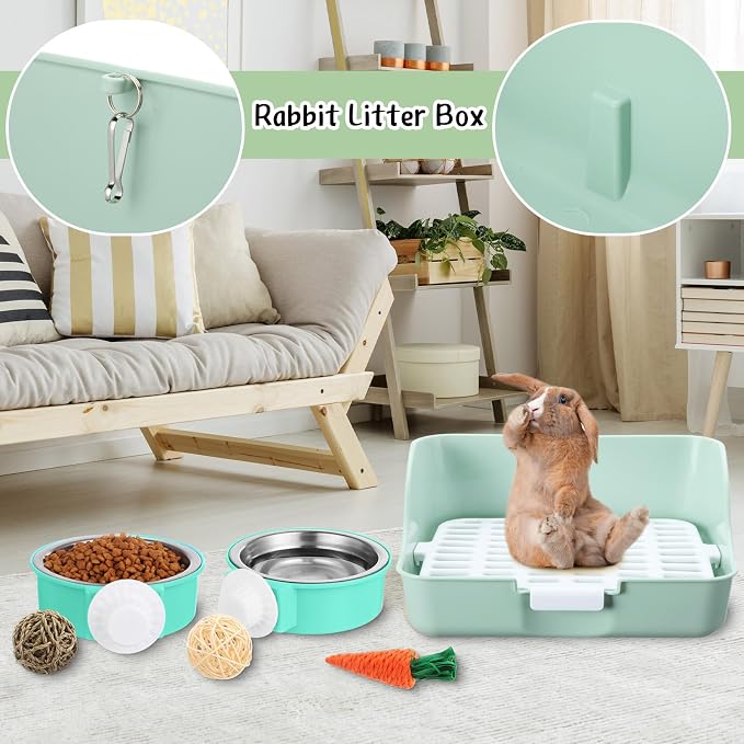 Reallnaive 15 Pcs Rabbit Starter Kit Small Rabbit Litter Box Girls Gift Animal Grooming Kit Bunny Toys Bowl Blankets with Cleaning Set for Guinea Pig Accessories(Green)