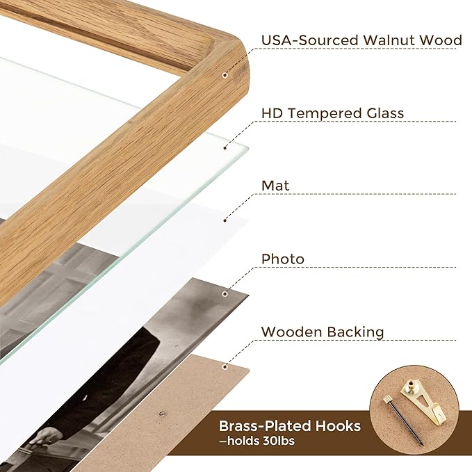 22x28 Frame with Mat to 18x24 Picture Frames USA-Sourced Natural Solid Oak Wood Handcrafted Rounded Corner Display with Real Glass Family Picture, Wedding Photo