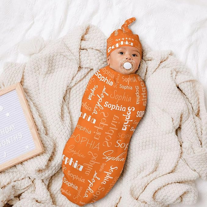 Newborn Swaddle Blankets Hat Name Lettering Orange Sets Soft Baby Receiving Blanket Swaddle Sack for Baby Shower Infant Boy Girl Gift