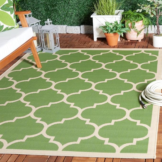 SAFAVIEH Washable Rug Outdoor Courtyard Collection - 4' x 5'7", Green & Beige, Non-Shedding & Easy Cleaning, Ideal for Patio, Backyard, Mudroom (CY6914-244)