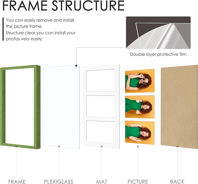 8x16 Collage Picture Frame 5x7 Collage Picture Frame Displays Three 5x7 inch Photos or 8x16 (Without Mat) for Available Horizontal Wall Mounting Display and Vertical Green