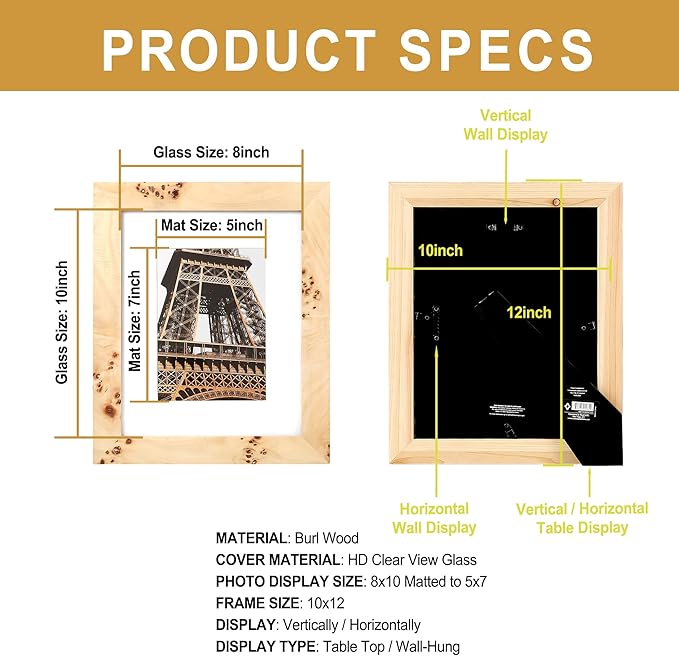 Concepts - 8x10 Matted to 5x7 Burl Wood Picture Frames - Natural Wood Finish Picture Frames for Family Photos - Elegant Wallhung Decor in Bulk