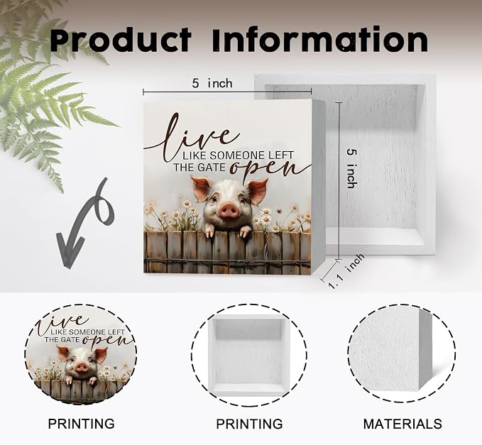 FarmHouse Pig Decor Signs, Live Like Someone Left The Gate Open Cottagecore Pig Wooden Signs,Rustic Farmhouse Wood Sign,Farm Animal Decor For Kids Bedroom Office Badroom Kitchen