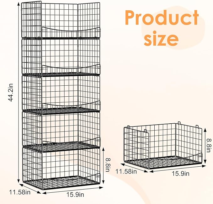 5-Tier Stackable Closet Organizers and Storage Shelves, Extend Clothing Closet Shelf Bins for Wardrobe Kitchen Office Bathroom, Clothes Organizer System-Wider Mouth Design, Black