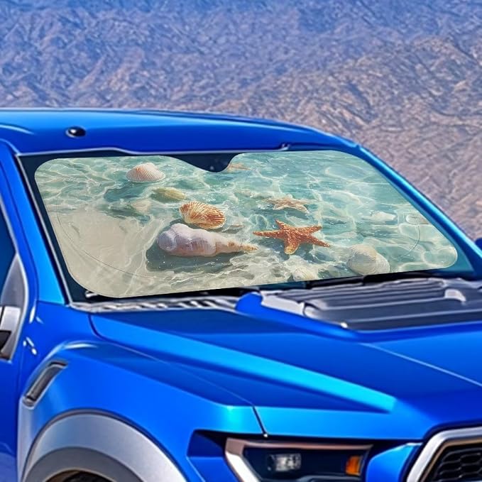 Seashell Starfish Car Windshield Sun Shade Foldable Car Windshield Sunshades Car Front Window Covers for Cars Interior Accessories Universal for Most Sedan Truck SUV