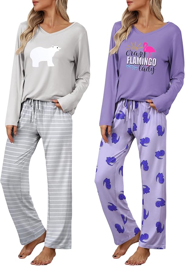 Ekouaer Womens 2 Pack Pajama Set Long Sleeve Pajamas Top and Pants V Neck Pjs Set Soft Loungewear with Pockets
