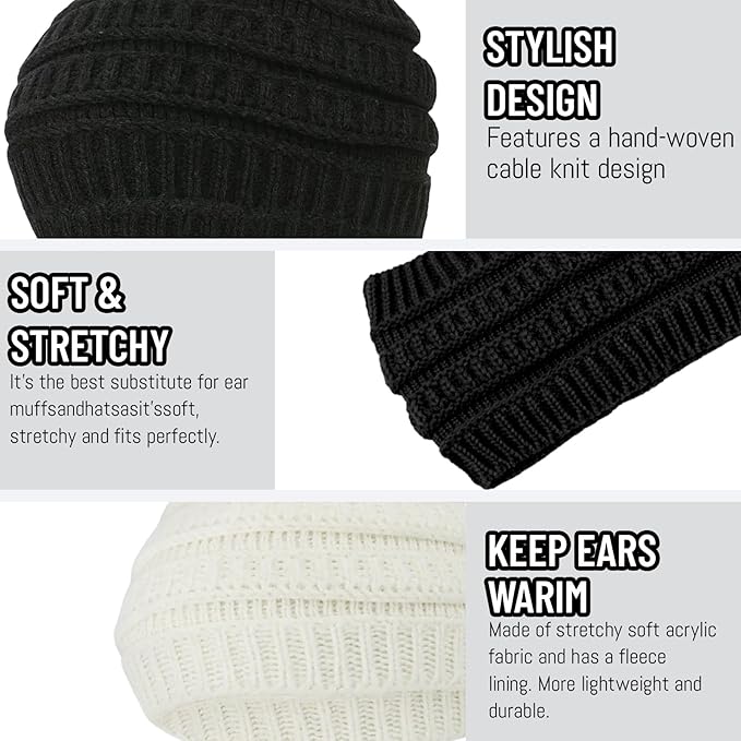 2-Pack Winter Headbands with Plush Fleece Lining, Fleece Ear Warmer Headbands for Women, Black and White Yarn Head Warmers for Outdoor Activities ﻿
