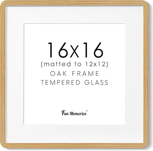 16x16 Picture Frame, Square 16 by 16 Frames for Wall - Solid Oak Wood & Tempered Glass, 16 x 16 Wood Frame Matted to 12 x 12, Square Picture Frame 16"x16" for Home Decor, Natural Oak Color, 1 Pack