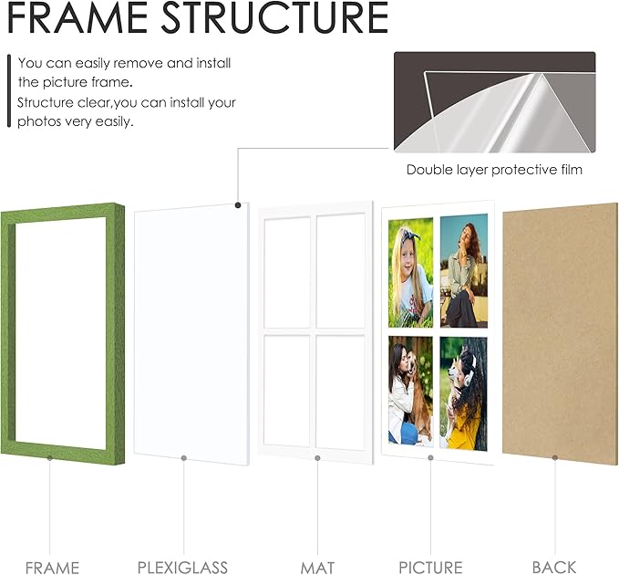 12x16 Picture Frame 5x7 Collage Picture Frame Displays Four 5x7 inch Photos or 12x16 (Without Mat) for Available Horizontal Wall Mounting Display and Vertical Green