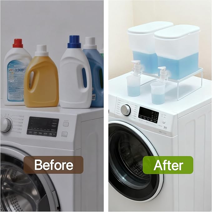 Laundry Detergent Dispenser Set, 105oz (3L) Easy-Pour Leak-Proof Bottles with Spout Plug Caps,Measuring Cups & Stand–2 Refillable Semi-Transparent Soap Containers for Laundry Room Organization