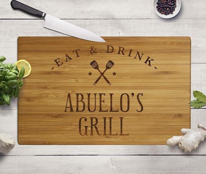 Andaz Press Large Bamboo Wood BBQ Cutting Board Gift, 17.75 x 11-inch, Abuelo's Grill, 1-Pack, Laser Engraved Serving Chopping Board Christmas Birthday Chef Kitchen Ideas