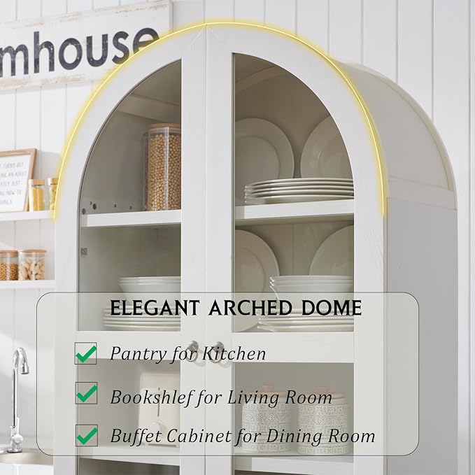 IFGET 71" Tall Arched Kitchen Pantry Cabinet, Wood Kitchens Storage Cabinets with 2 Large Drawers and Adjustable Shelves, Modern Farmhouse Versatile Cupboard for Kitchen, Dining Room, Bathroom, White