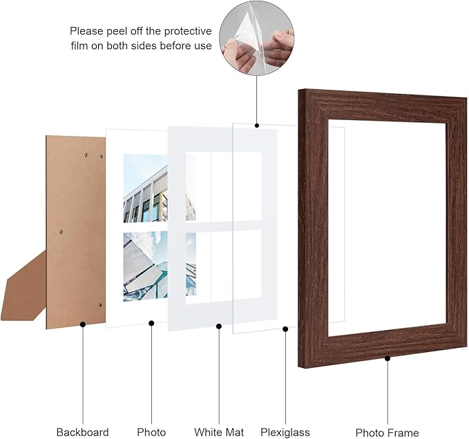 8x10 Picture Frame Display Double 4X6 Picture Frame Collage,Multi Photo Frame with Mat,Plexiglass,Wall or Tabletop Decor,Walnut Wood Grain
