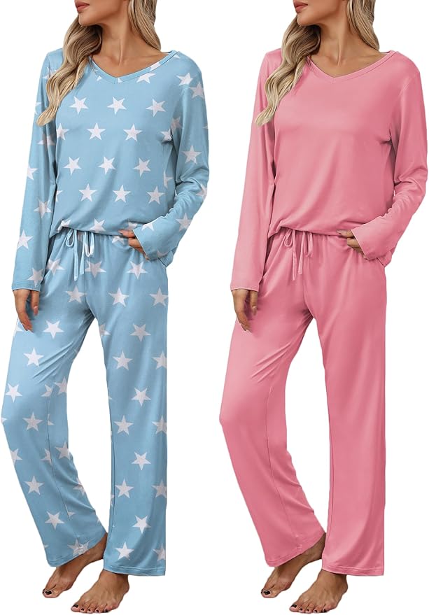 Ekouaer Womens 2 Pack Pajama Set Long Sleeve Pajamas Top and Pants V Neck Pjs Set Soft Loungewear with Pockets