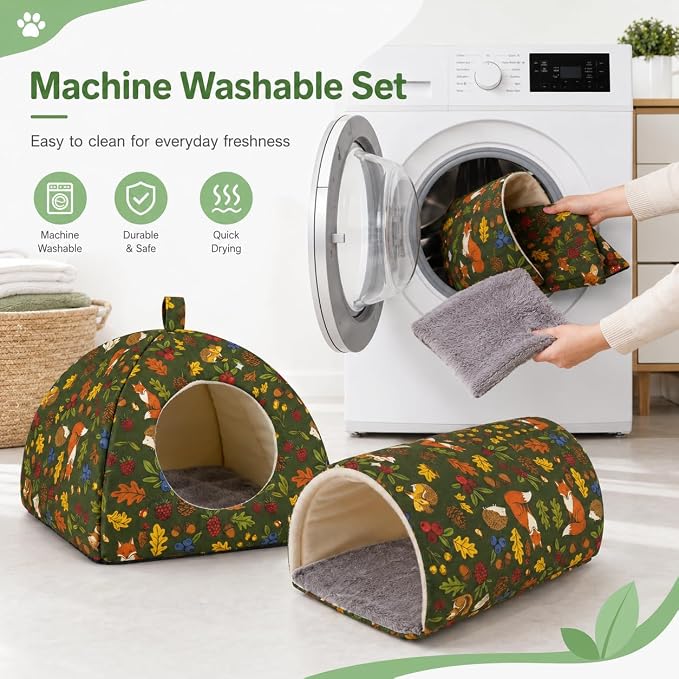Guinea Pig Hideout Tunnel Set, 2 Pack Washable Small Animal Bed with Removable Cushion, Hamster Hideout Play Tunnel Toys for Guinea Pigs, Hamsters, Hedgehogs, Ferrets, Green Forest