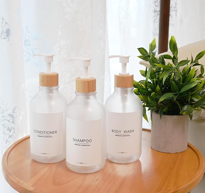 Frosted Plastic Shampoo and Conditioner Bottles, Apothecary Dispenser Bamboo Pump, Refillable Bottles for Shower Lotion, Oil, Hand Soap, Sanitizer, Liquid Soap, Set of 3 with 9 Labels (3, Matte Clear)