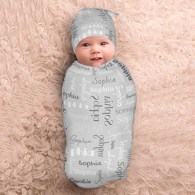 Personalized Baby Swaddle Blanket for Boys Girls Name Lettering Grey Custom Name Receiving Soft Blanket with Cap for Newborn Girls and Boys Soft Sleeping Sack