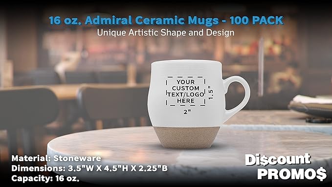 DISCOUNT PROMOS 100 Admiral Ceramic Mugs Set, 16 oz. - Customizable Text, Logo - Stoneware, Drinkware, Coffee, C-handle - White