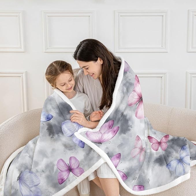 Feelyou Girls Butterfly Fleece Throw Blanket 40"x50" Kids Tie Dye Watercolor Sherpa Blanket Plush Fuzzy for Bed Couch Chair Living Room, Dreamy Girly Bed Blanket Gray Room Decor