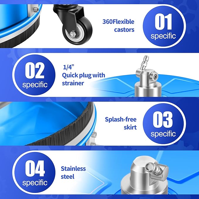 16'' Pressure Washer Surface Cleaner with 4 Wheels - Stainless Steel Surface Cleaner for Pressure Washer Attachment for Concrete, Driveway, Patio, Sidewalk, Deck and Driveways (16 INCH Blue)
