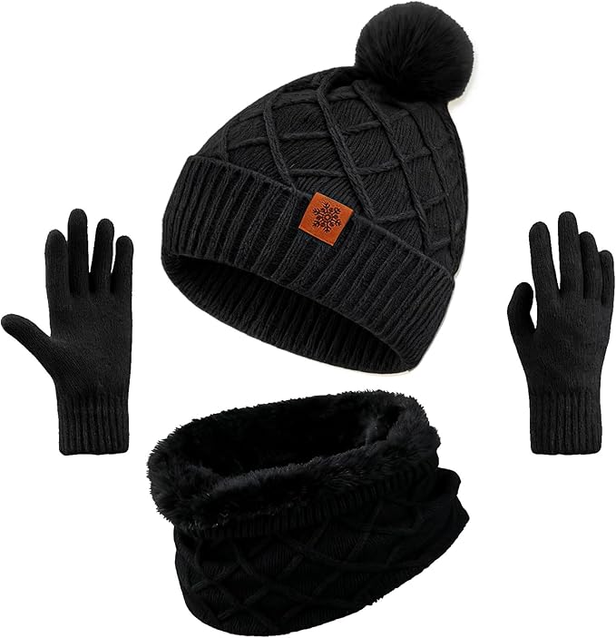 YARIEW Winter Hat Neck Warmer and Gloves Set for Women, Warm Knitted Beanie with Pom Pom, Soft Ear Warmer Scarf, Warm Gloves
