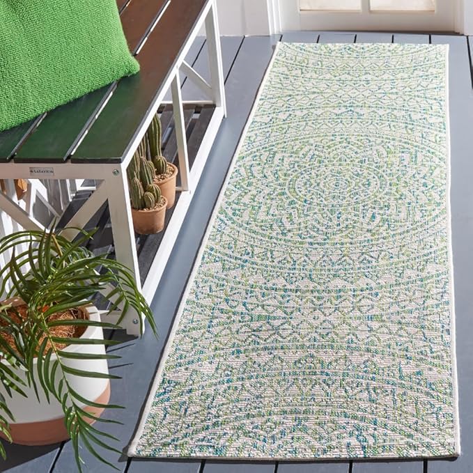 SAFAVIEH Washable Rug Outdoor Courtyard Collection - 2'3" x 8' Runner, Ivory & Green, Non-Shedding & Easy Cleaning, Ideal for Patio, Entryway, Mudroom, Hallway, Kitchen (CY8734-55712)