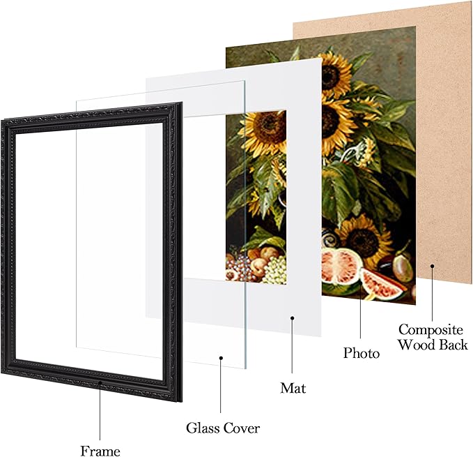 eletecpro 11x14 Picture Frames Set of 4, Vintage Photo Frame with Glass, Gothic Black Frames 11 x 14 Display 8x10 Photo with Mat or 11x14 without Mat for Tabletop or Wall Decor, Black