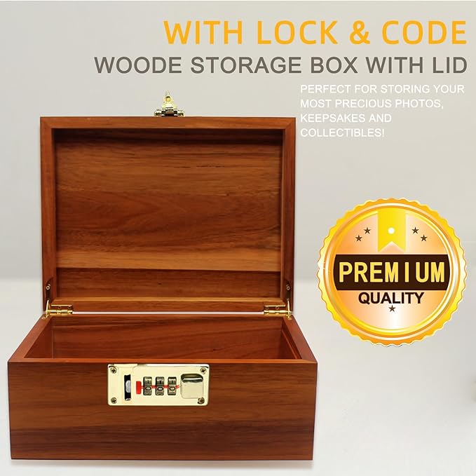 2pcs Wooden Box Decorative Acacia Wooden Storage Box with Combination Lock with Hinged Lid Keepsake Chest Stash Box Decorative Lockable Chest for Keepsakes, Memory Boxes Wood Gift Box