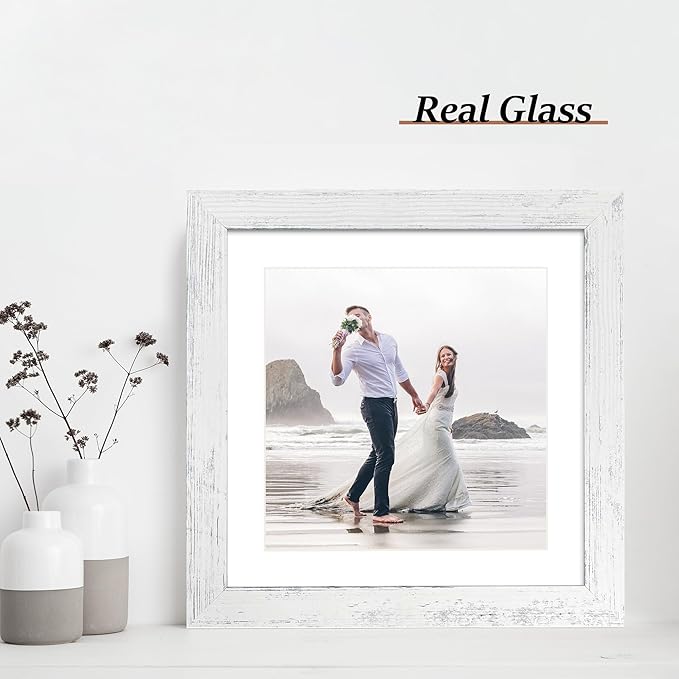 iRahmen 10x10 Picture Frame Set of 4 with Real Glass, Distressed White Frame Display 8x8 Pictures with Mat or 10 x 10 Without Mat, Wood Square Photo Frame for Wall Mount and Tabletop Display