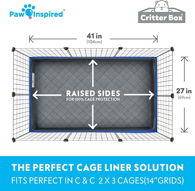 Paw Inspired Reversible Critter Box, C&C 2x3 (14-Inch Grids), Gray/Pink | Washable Fleece Cage Liner, Raised Sides, Bedding for Guinea Pigs Rabbits, Hamsters, Small Animals, Edge Protected Pee Pads