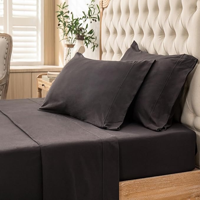PURE ERA Jersey Knit 4pc Bed Sheet Set 100% T-Shirt Cotton Super Soft Comfy Breathable Fits Mattress Up to 20" Extra Deep Pocket (Solid Deep Brown, Queen)