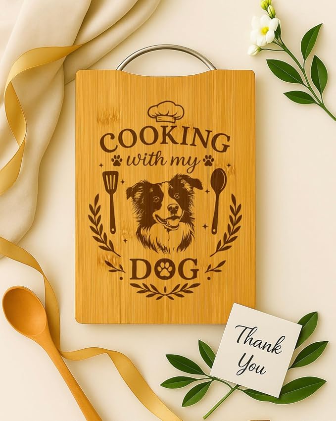 Bamboo Cutting Board, Dog Lover Kitchen Gift, Handmade Decor – Cooking with My Dog (Border Collie)