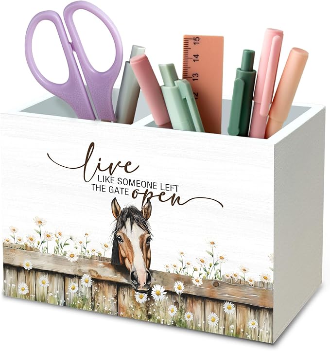 DILSJ Inspirational Horse 2 Compartment Pen Pencil Holder Organizer for Desk, Horse Gifts for Women, Live Like Someone Left The Gate Open Wooden Box Signs for Home Office Desk Tabletop Decoration