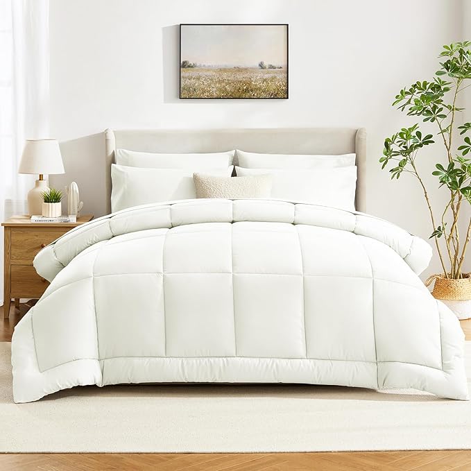 CozyLux King Size Comforter Set Ivory - 7 Pieces Bed in a Bag, Cream Off White Comforter King Size, Bedding Sets with All Season Quilted Comforter, Flat Sheet, Fitted Sheet, Pillowcases