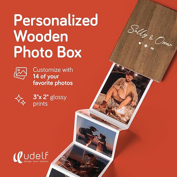 udelf Personalized Wooden Photo Keepsake with Accordion Picture Pull-Out – Custom Memory Box, Wedding & Anniversary Present, Holds 14 Mini Photo Prints 3"x2" (Romantic-Vertical)