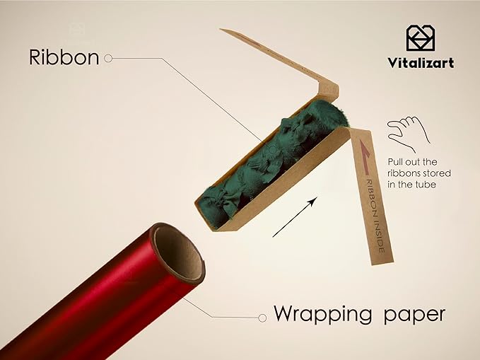 Vitalizart Red Matte Metallic Wrapping Paper Set 17" With Green Silk Like Satin Ribbon & Gift Tags Recyclable Eco-Friendly Christmas Gift Wrapping Birthday Baby Shower Wedding Handmade Crafts 197"(16.4 Ft)