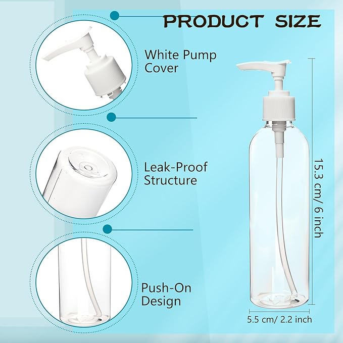 52 Pcs Empty Plastic Pump Bottle 8 oz/ 250 ml Clear Lotion Pump Dispenser Refillable Shampoo Containers Bulk with Travel Lock for Body Wash Liquid Soap Massage Oil Face Cream Conditioner